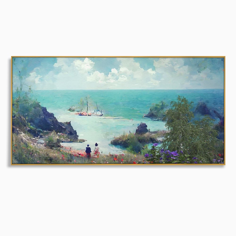 Tablou canvas cu pictura peisaj marin cu oameni si flori, in rama de aluminiu auriu